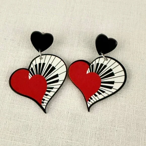 Piano Heart Earrings Black Red Music Lover Acrylic Dangle Earrings - Picture 2 of 8
